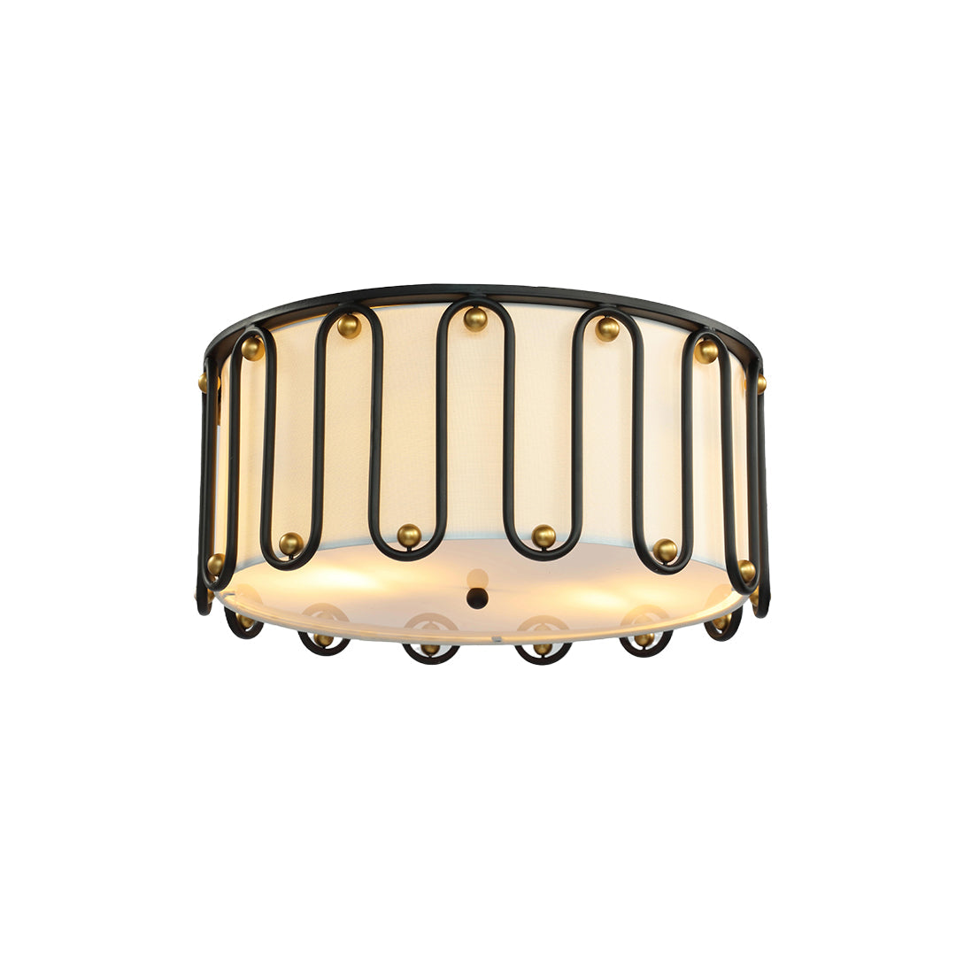 Vintage Round Drum Flush-Mount Ceiling Light — Black Metal, Acrylic Shade, E27, 20"
