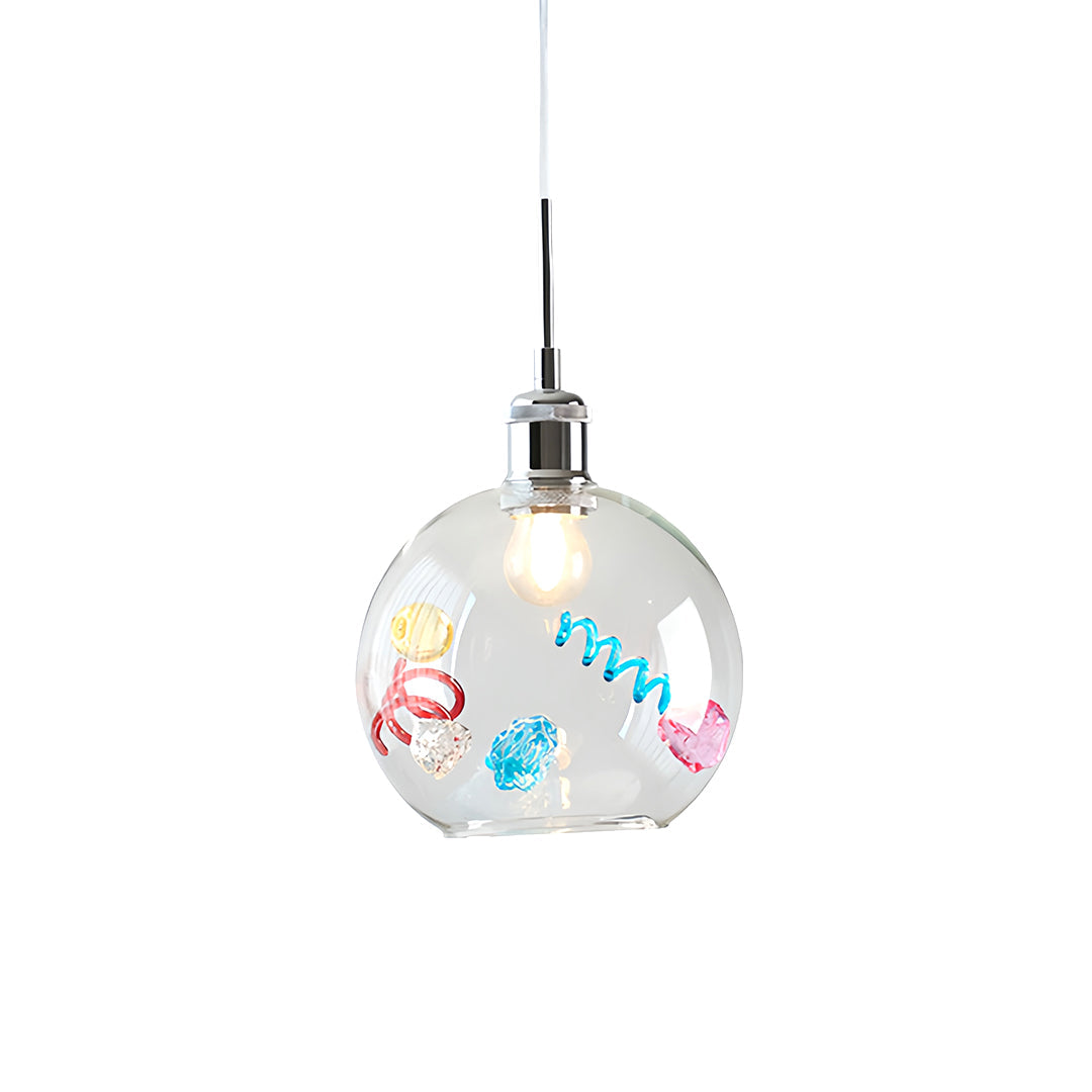 Memphis Geometric Iridescent Glass Globe Mini Pendant — White Metal Frame, E27, 1-Light, 20cm, Adjustable 2m Chain