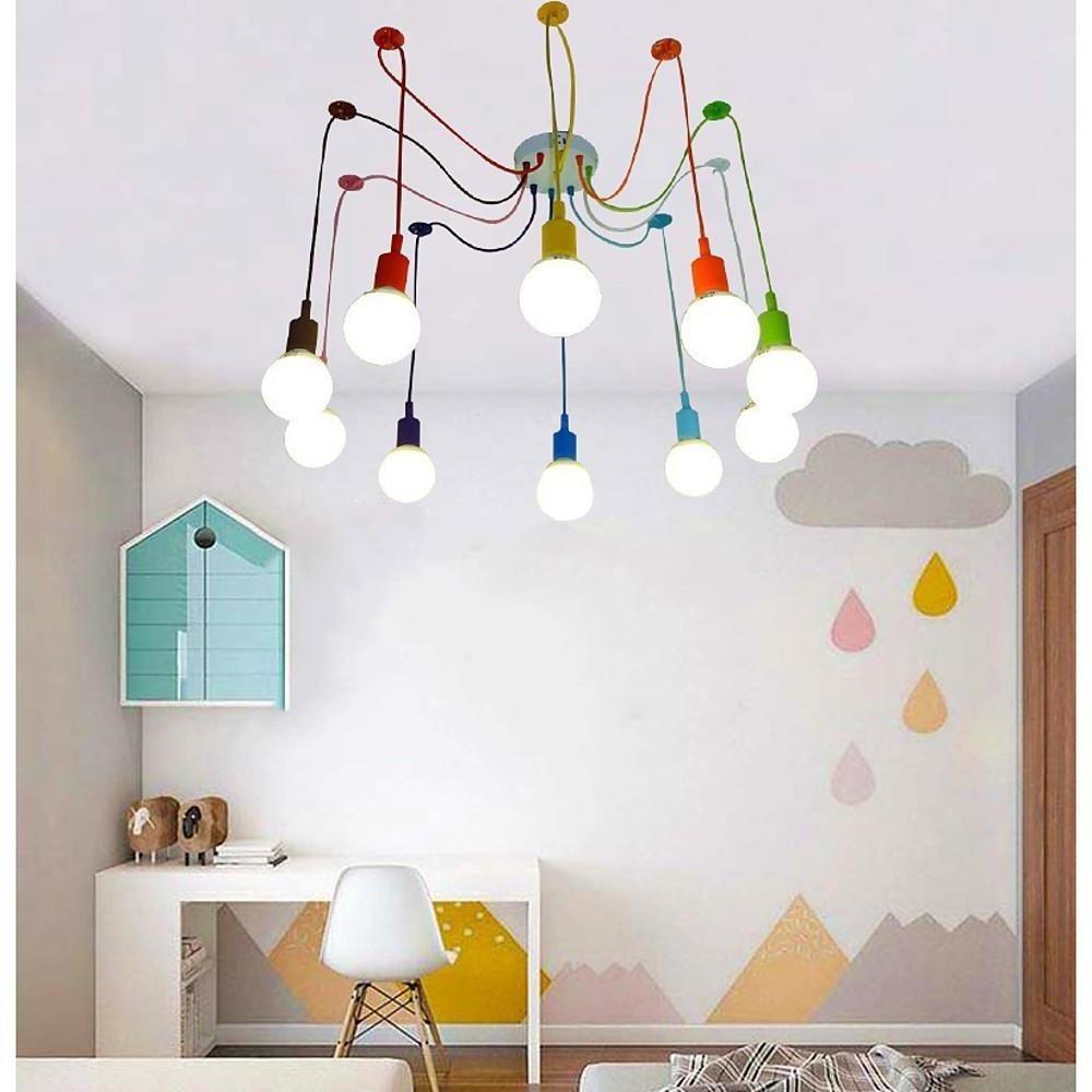 10-Head Cluster Spider Multi-Light Pendant — Aluminum, Fabric Cable, Acrylic Shades, 40W LED, DIY Adjustable, Industrial or Modern