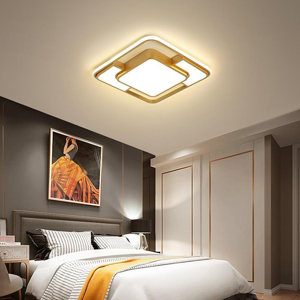 Square Geometric LED Flush-Mount Ceiling Light — Acrylic, 3-Step Dimming, Remote Control, Black or Gold