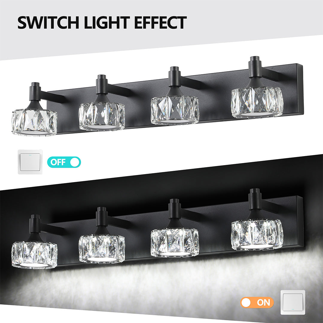 Modern Crystal Bathroom Vanity Light — Black Iron, 6000K LED, 30W, 4-, 5-, or 6-Light