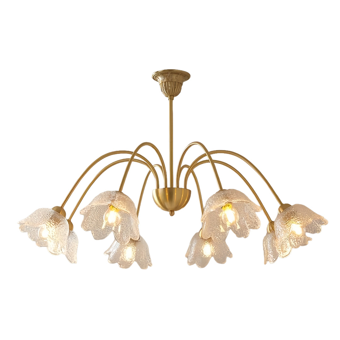 French Flower-Shaped Glass Chandelier — Full Copper, Brass Finish, 3-Step Dimming, 3, 6, or 8-Light