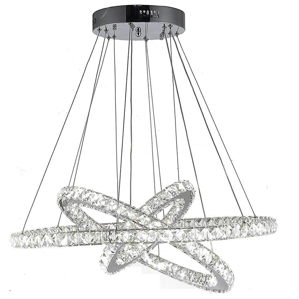 Interwoven Geometric Ring Crystal Chandelier — Chrome, Dimmable LED, 3000K/6000K, Remote Control, 28"