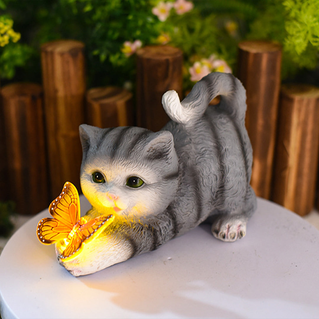 Cat Solar Garden Light — Hand-Painted Resin, LED Warm White, IP44, Dusk-to-Dawn