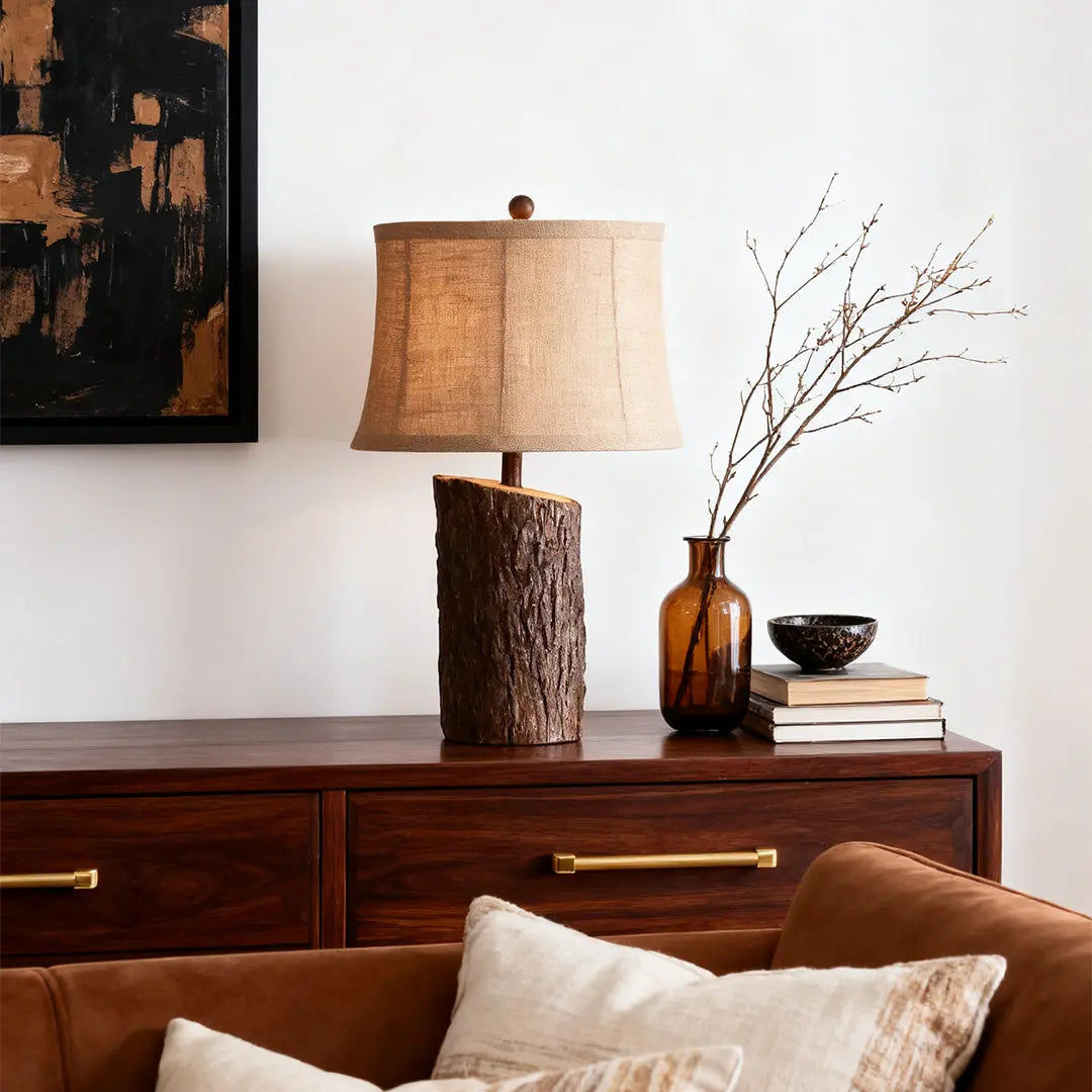 Bark-Textured Fabric Shade Faux Wood Table Lamp for Nightstands Luxe