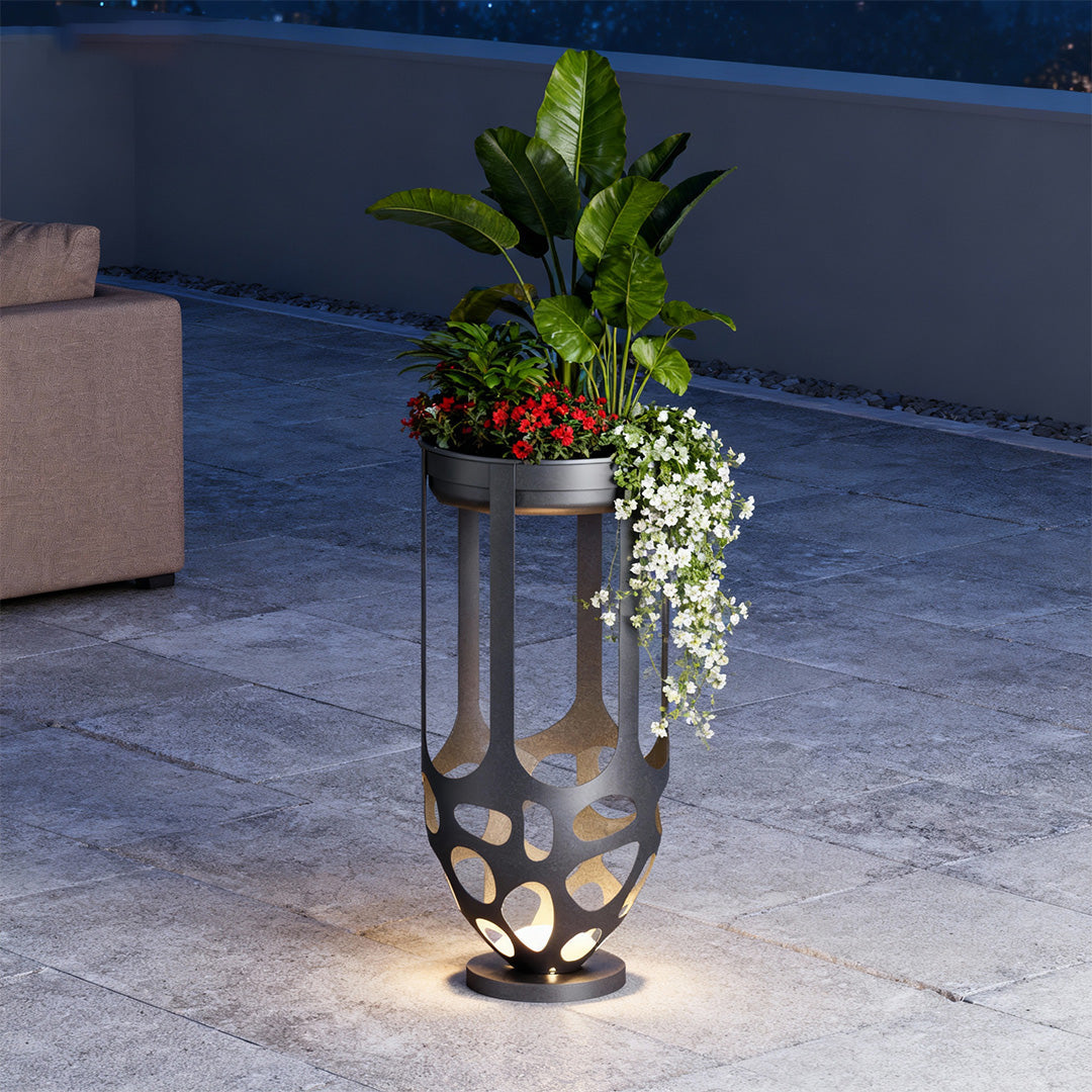 Lighted Outdoor Planter — Black Iron, White PE Shade, Warm LED, IP54, Solar / Hardwired, 19.7" or 37.4" Height