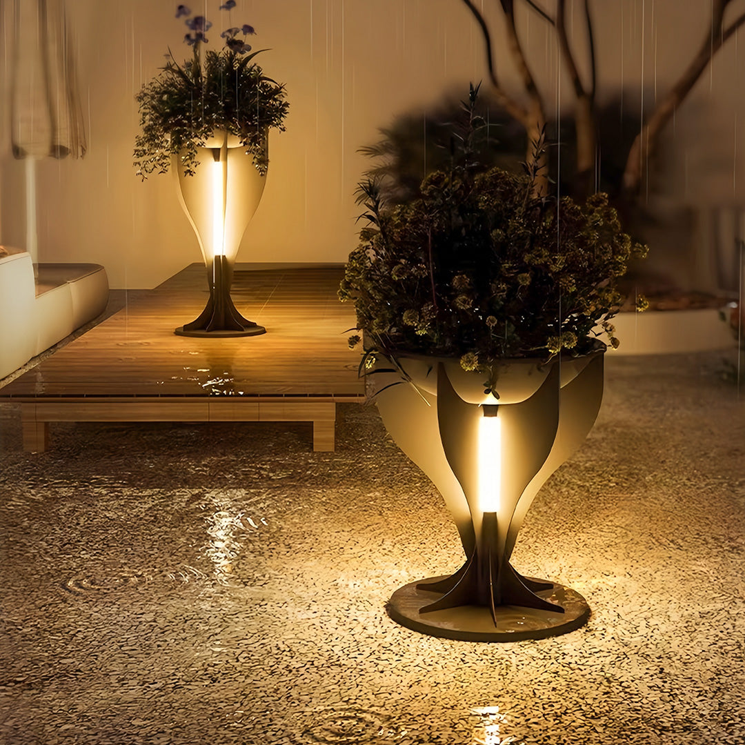 Openwork Lighted Outdoor Planter — Black Stainless Steel, Warm White LED, IP54, Hardwired or Solar, 18.9" or 32.3"