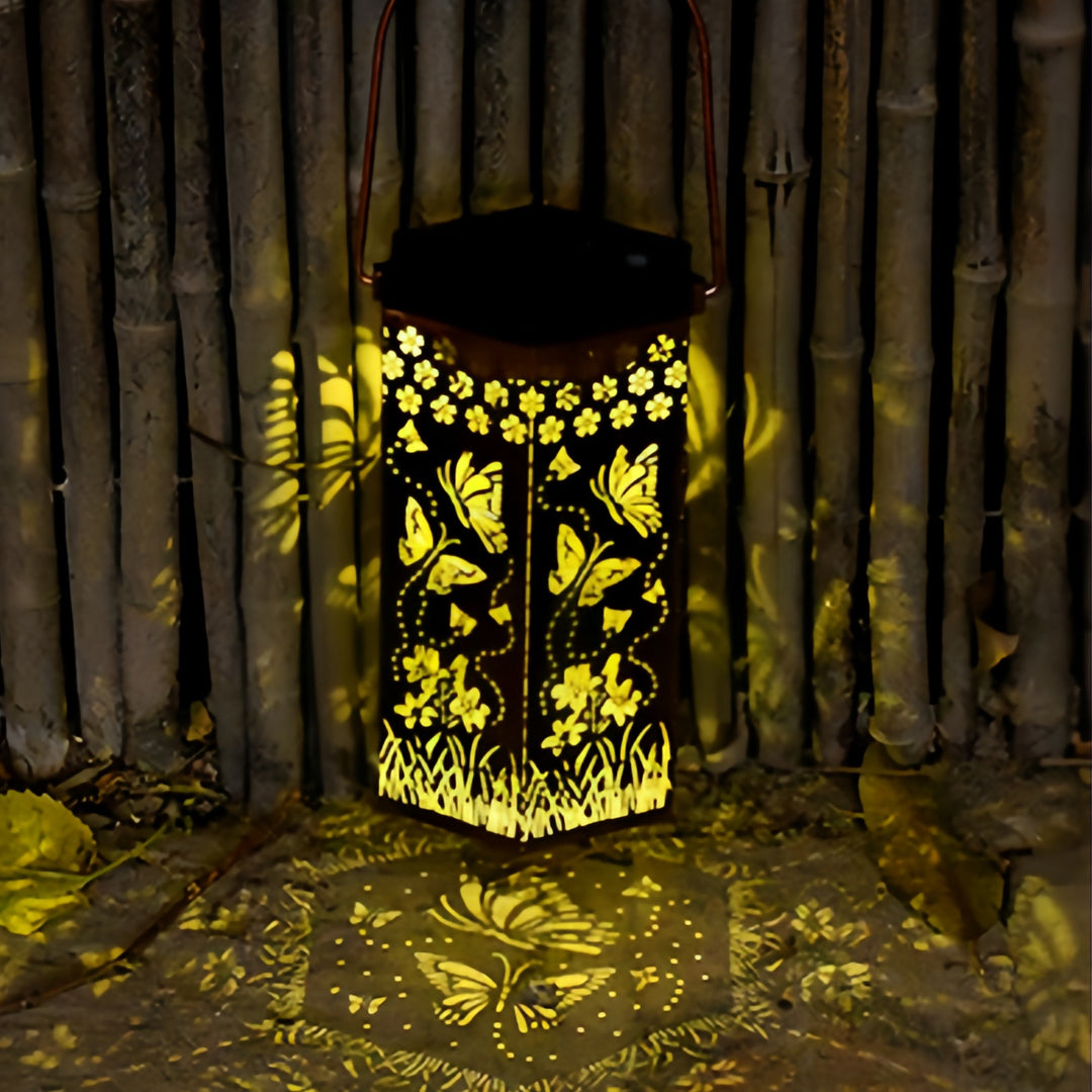 Hollow-Out Hexagonal Solar Outdoor Lantern — Copper-Red Wrought Iron, 0.5W Warm LED, IP44, 600mAh, Nature Motifs