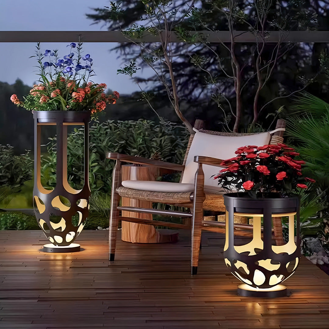 Lighted Outdoor Planter — Black Iron, White PE Shade, Warm LED, IP54, Solar / Hardwired, 19.7" or 37.4" Height