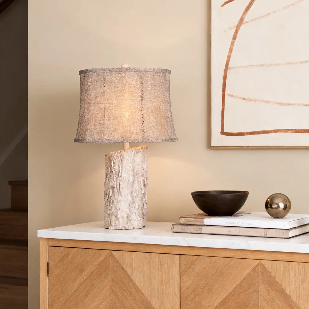 Ambient Lamp with White Wood Base and Realistic Bark Fabric Shade Luxe