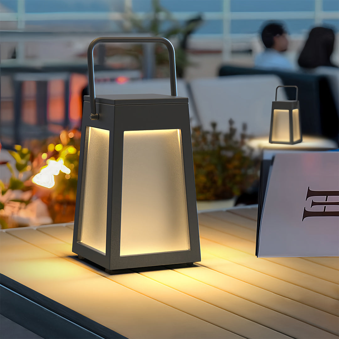 Portable Camping Lantern — Stainless Steel, Black, LED Warm Light, Solar or USB Rechargeable, IP65 Weatherproof, 13" & 15.8"