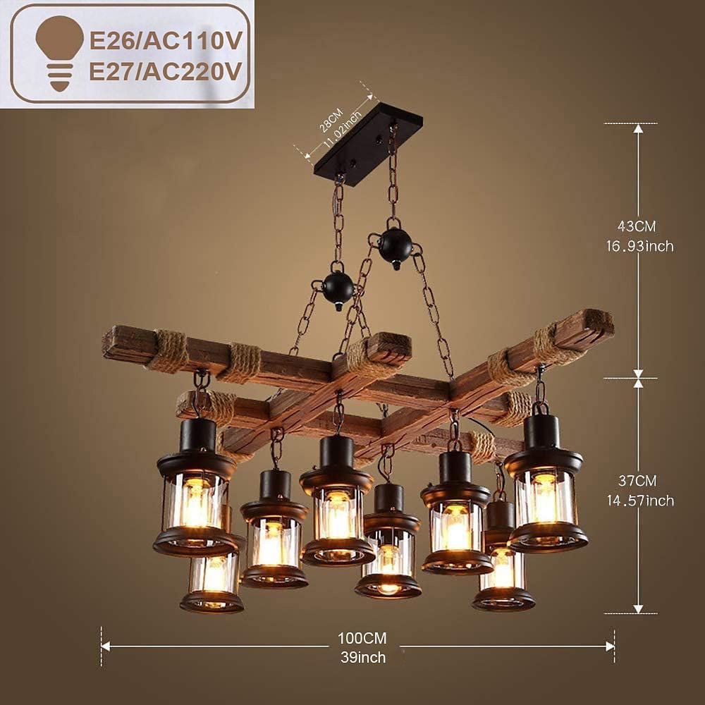 Vintage Farmhouse Geometric Chandelier — Wood and Glass, 39" Adjustable Cord, LED-Compatible