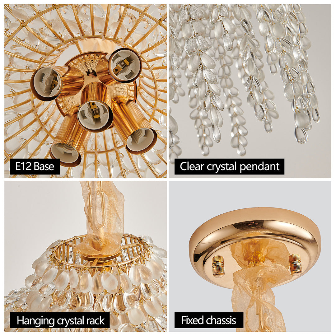 French Country Teardrop Crystal Chandelier — Gold Metal Frame, Adjustable 60" Chain, E12, Two Sizes