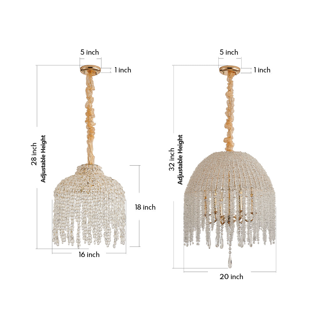 French Country Teardrop Crystal Chandelier — Gold Metal Frame, Adjustable 60" Chain, E12, Two Sizes
