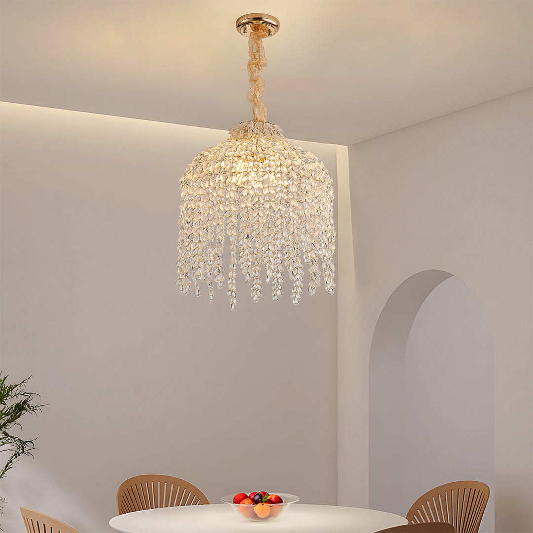 French Country Teardrop Crystal Chandelier — Gold Metal Frame, Adjustable 60" Chain, E12, Two Sizes