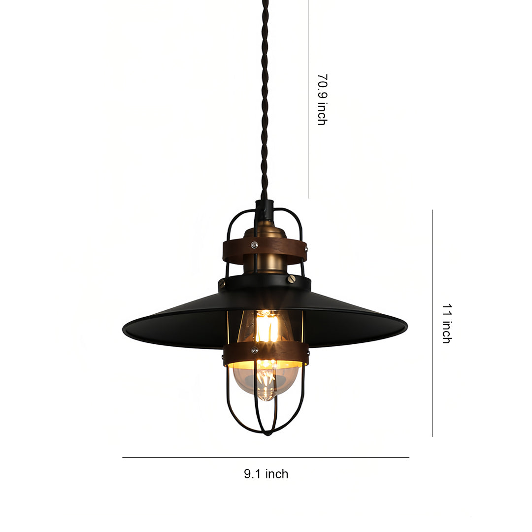Industrial Vintage Mini Pendant — Black Iron and Walnut Wood, E27, Adjustable 1.8m Chain