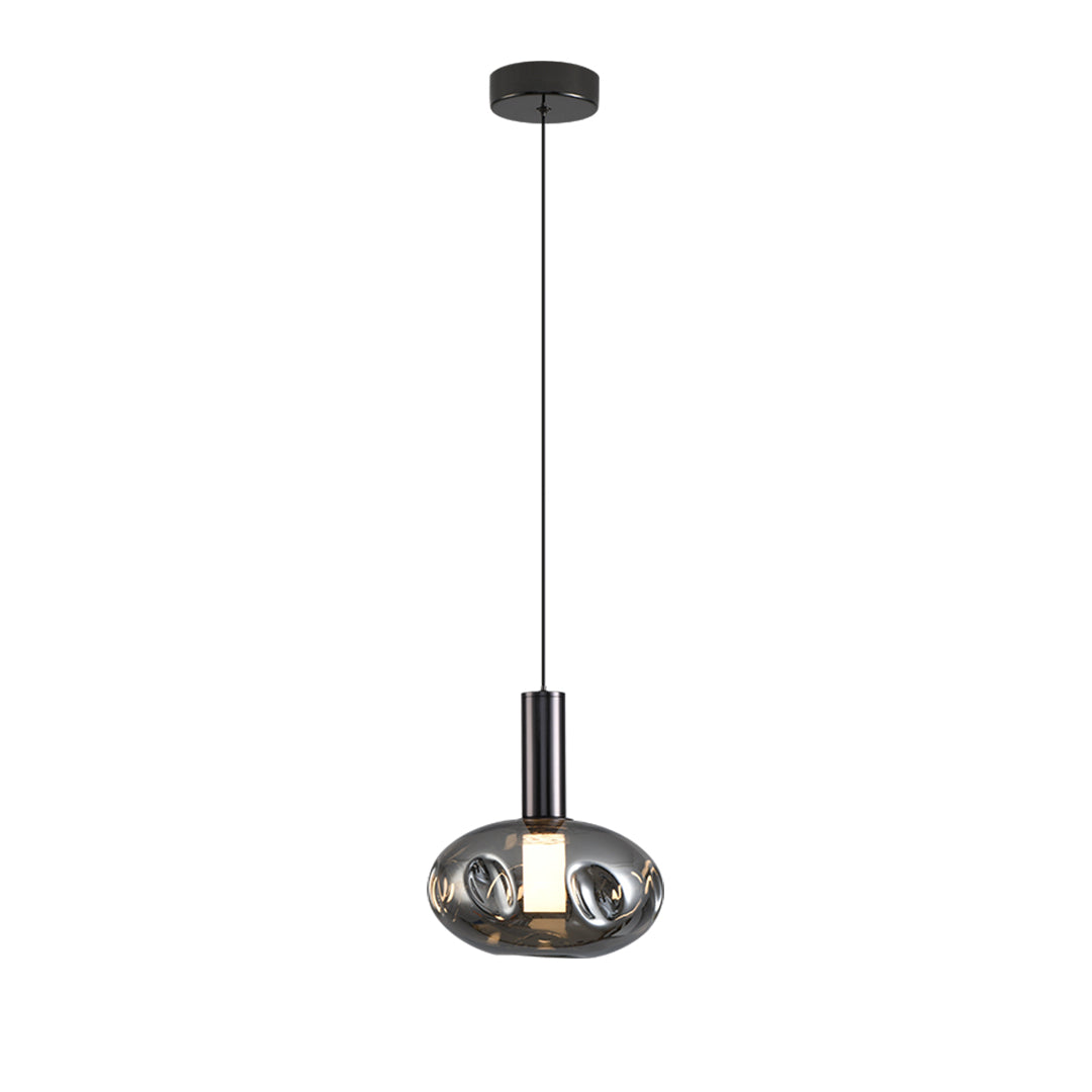 Minimalist Branch Drum Pendant Light — Wrought Iron, Smoke Grey Glass, Three-Color Dimming, Adjustable Chain