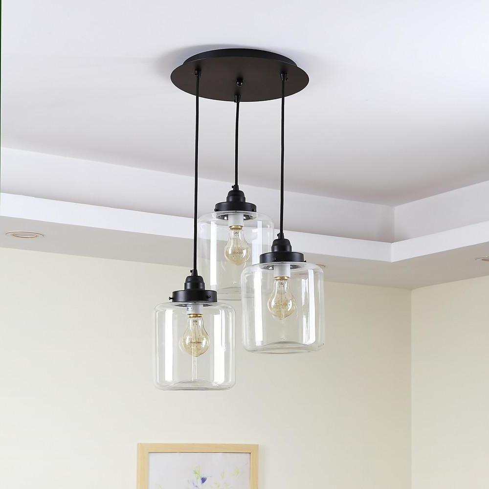 3-Light Industrial Glass Foyer Chandelier — Metal, Clear Glass Shades, 40W, 3000K