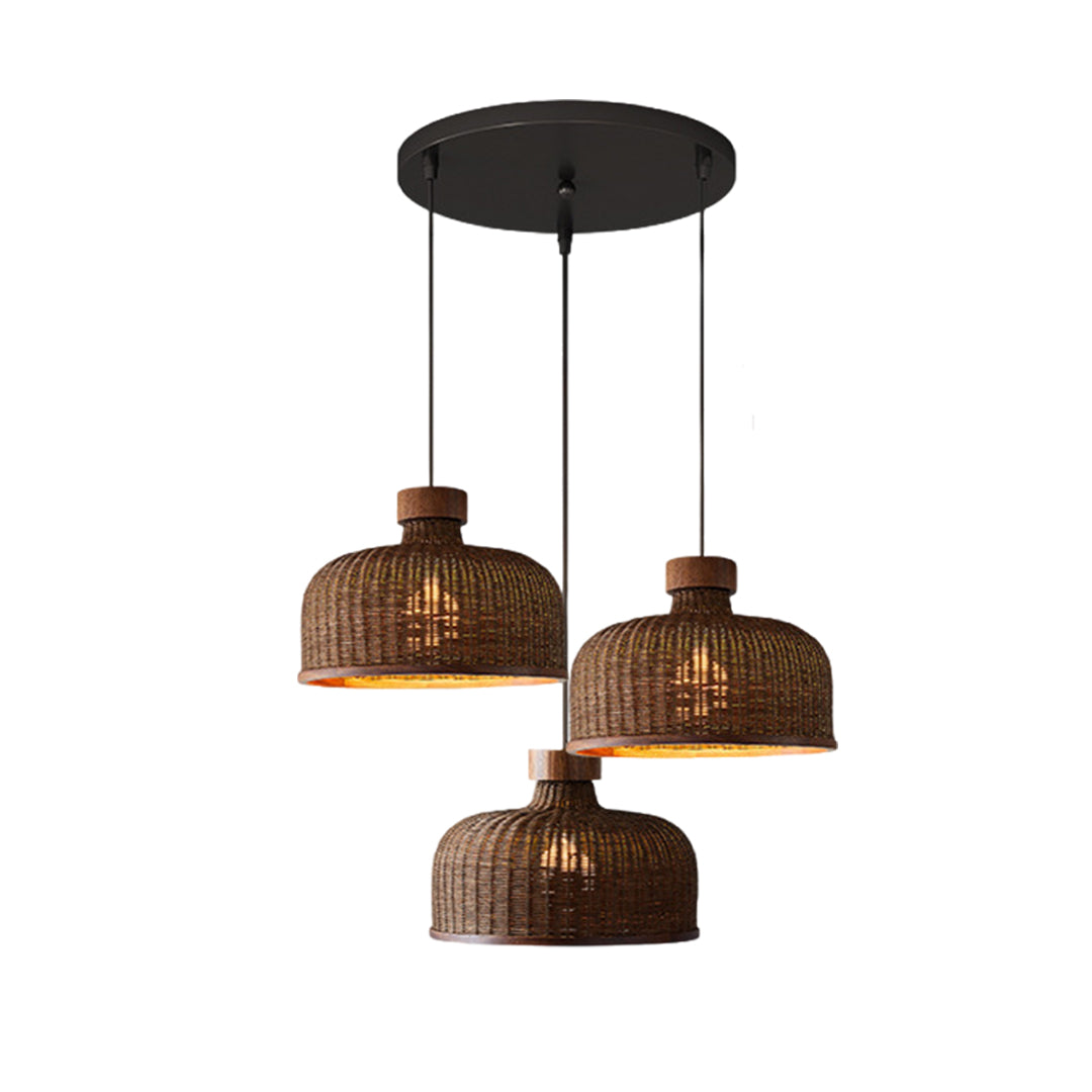 Wabi-Sabi Rattan Woven Pendant Light — Handcrafted Wicker and Iron, 1- or 3-Light, 3-Step Dimming (3000K/4500K/6000K), 12W–36W