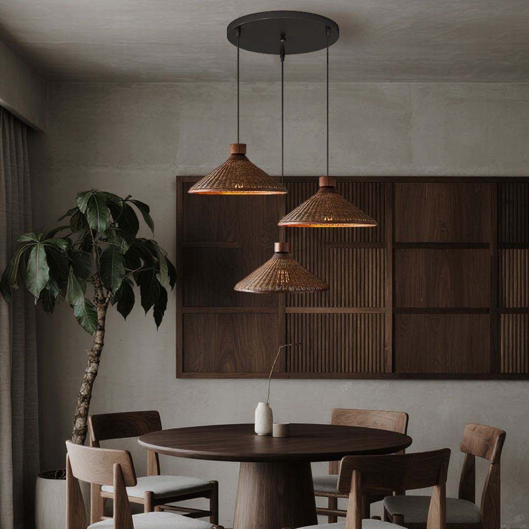 Wabi-Sabi Rattan Woven Pendant Light — Handcrafted Wicker and Iron, 1- or 3-Light, 3-Step Dimming (3000K/4500K/6000K), 12W–36W