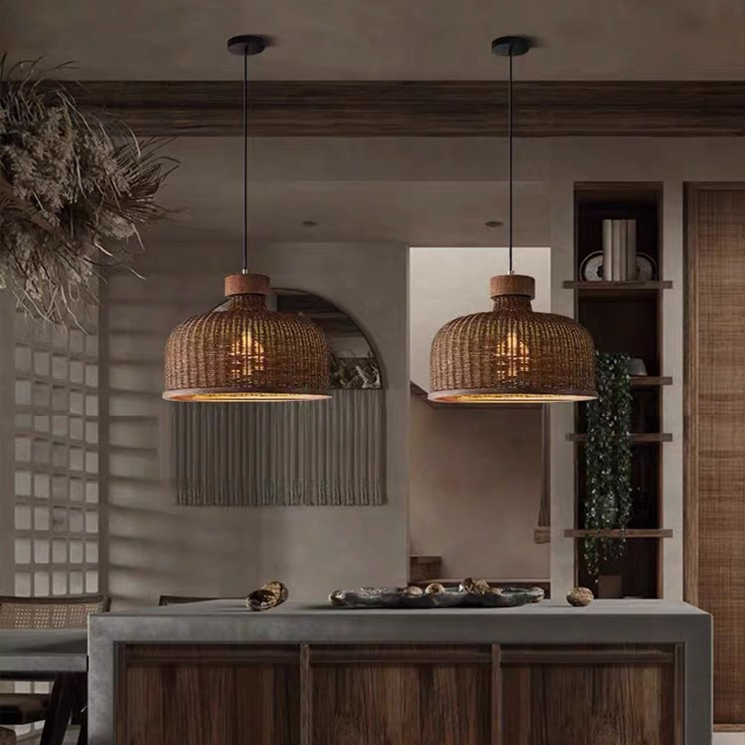 Wabi-Sabi Rattan Woven Pendant Light — Handcrafted Wicker and Iron, 1- or 3-Light, 3-Step Dimming (3000K/4500K/6000K), 12W–36W