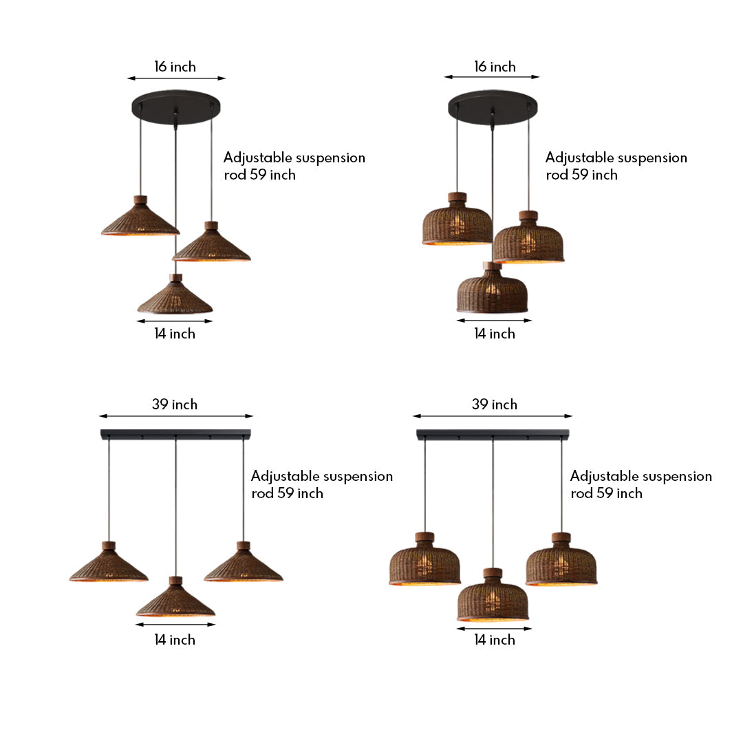 Wabi-Sabi Rattan Woven Pendant Light — Handcrafted Wicker and Iron, 1- or 3-Light, 3-Step Dimming (3000K/4500K/6000K), 12W–36W