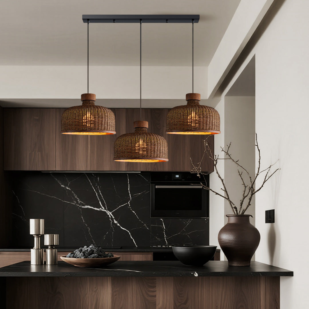 Wabi-Sabi Rattan Woven Pendant Light — Handcrafted Wicker and Iron, 1- or 3-Light, 3-Step Dimming (3000K/4500K/6000K), 12W–36W