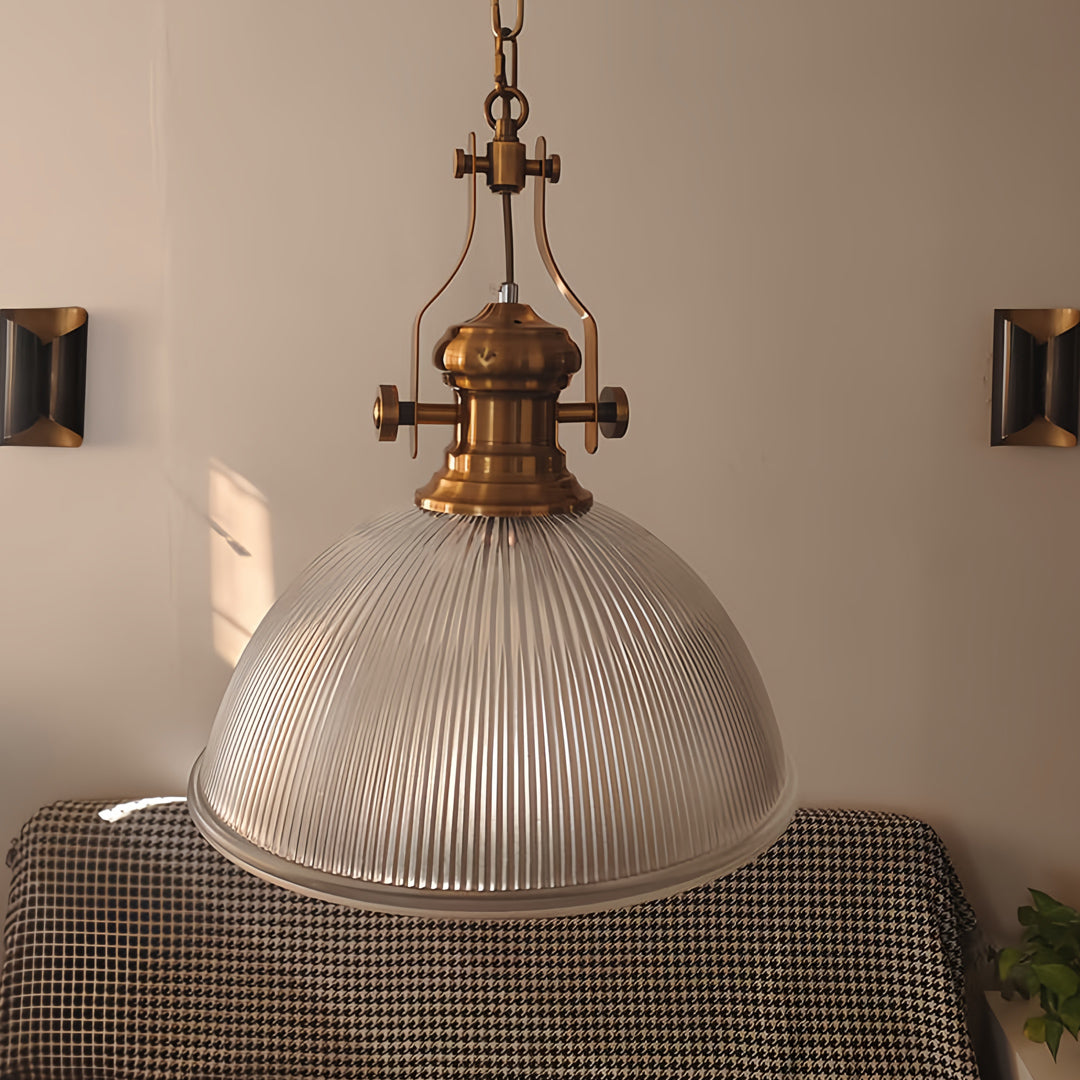Retro Industrial Striped Glass Pendant — Iron, E27, Adjustable Chain, 30cm or 38cm