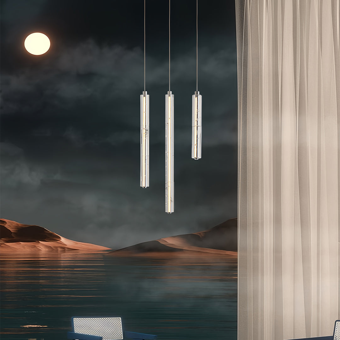 Minimalist Linear Crystal Pendant — Chrome Metal, 1-Light, 6.8W–10.2W Dual Mode, Adjustable Height
