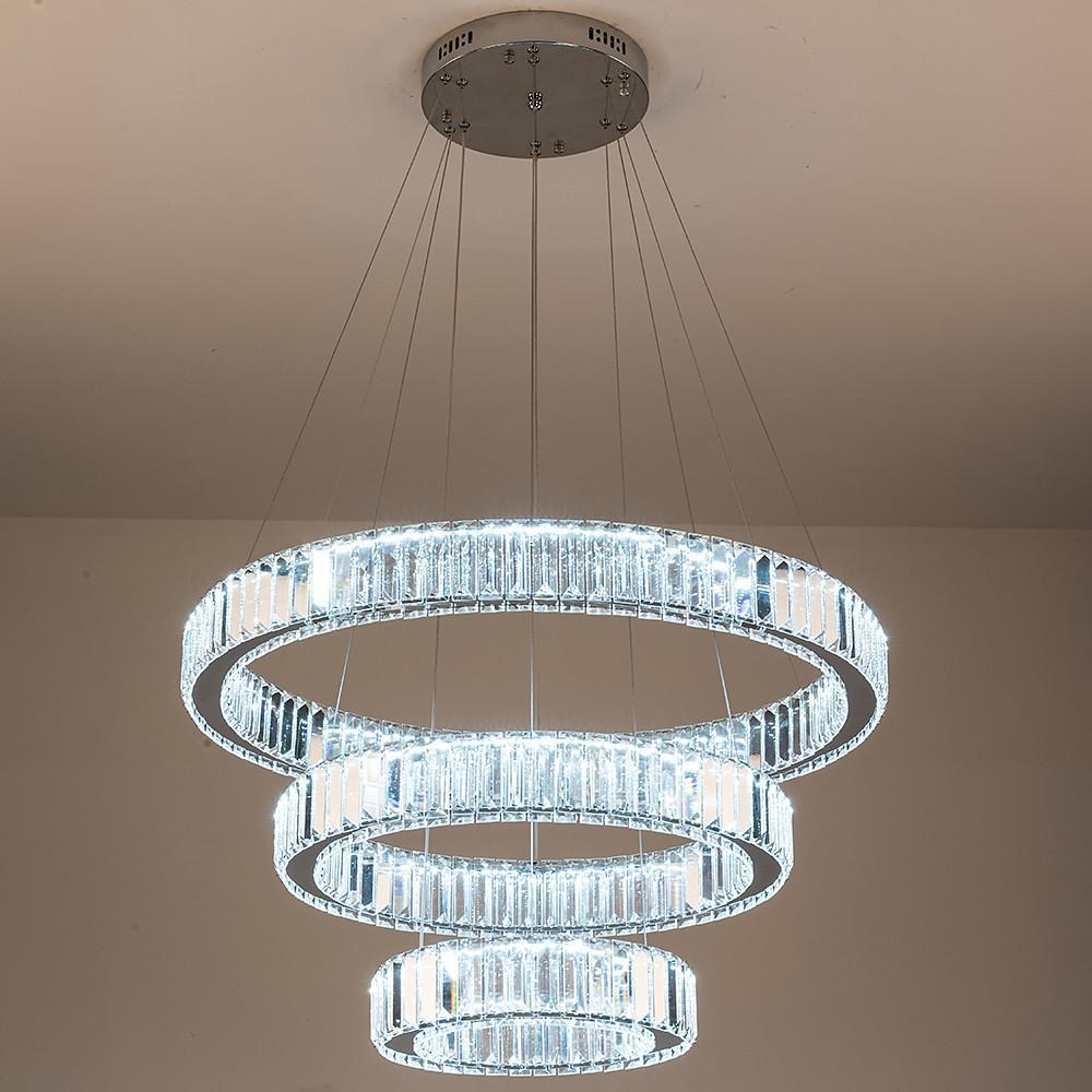 3-Tier Ring Chandelier — Polished Chrome and Crystal, LED, 28" Diameter, Adjustable Height
