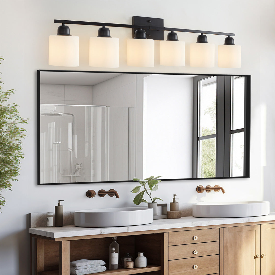 Minimalist Bathroom Vanity Light — Creamy White Glass, Metal Frame, E26, 4/5/6/8/10-Light, Matte Black / Sand Nickel / Copper