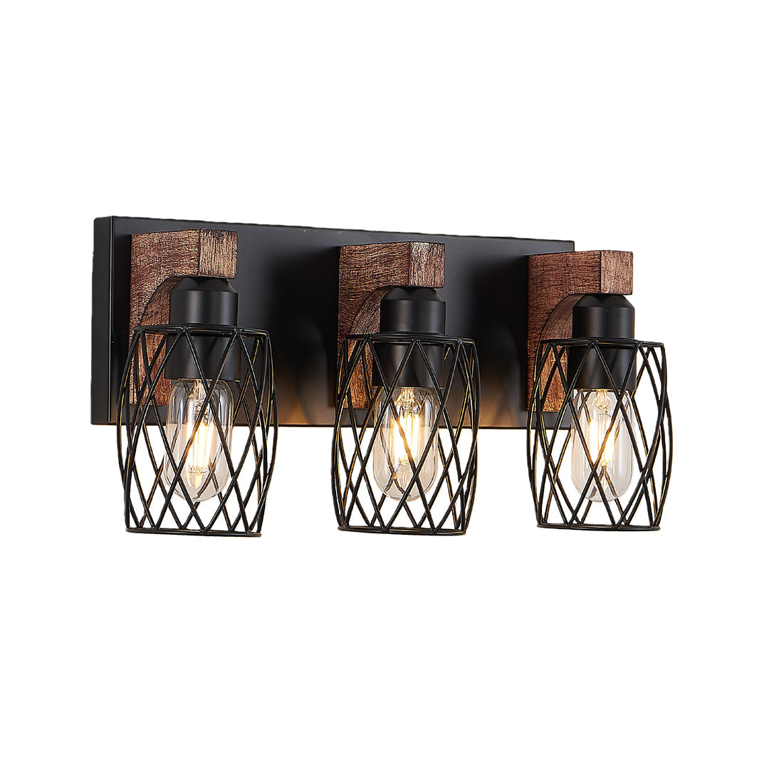 Metal Cage Bathroom Vanity Light — Black Finish, Walnut Wood, 3-to-7-Light, E26