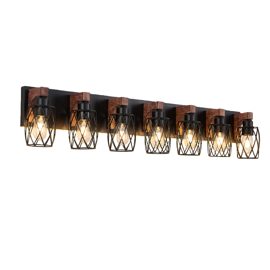 Metal Cage Bathroom Vanity Light — Black Finish, Walnut Wood, 3-to-7-Light, E26