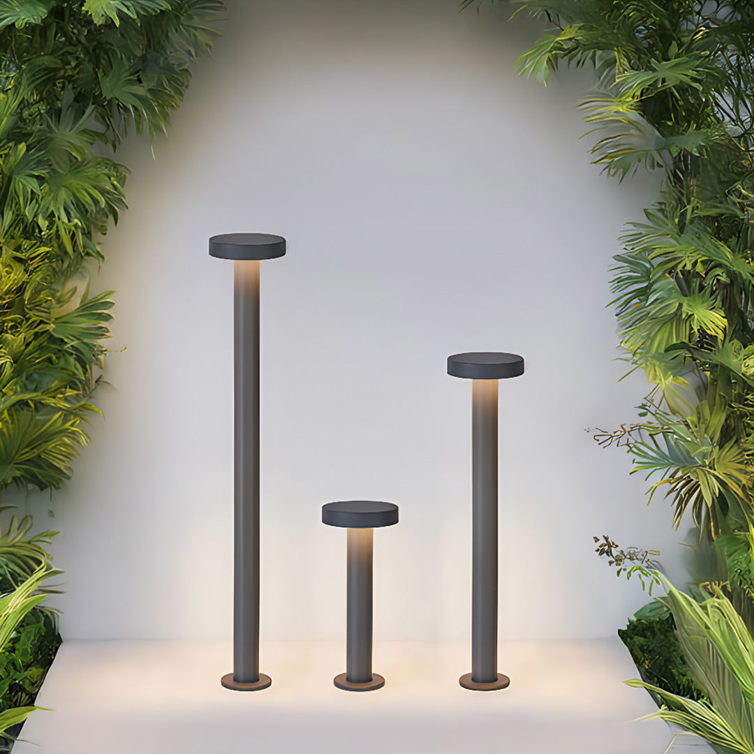 Modern Outdoor LED Bollard Path Light — Sand-Gray Aluminum, Transparent Glass, IP65, 3000K Warm, 320mm / 670mm / 770mm