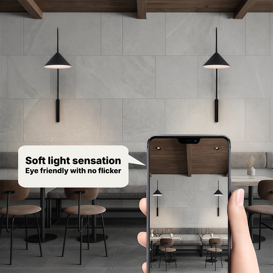 Long-Arm Wall Sconce — Black Iron, E14, Interchangeable Round Glass or Trumpet Shade, Three-Step Dimming, Hardwired