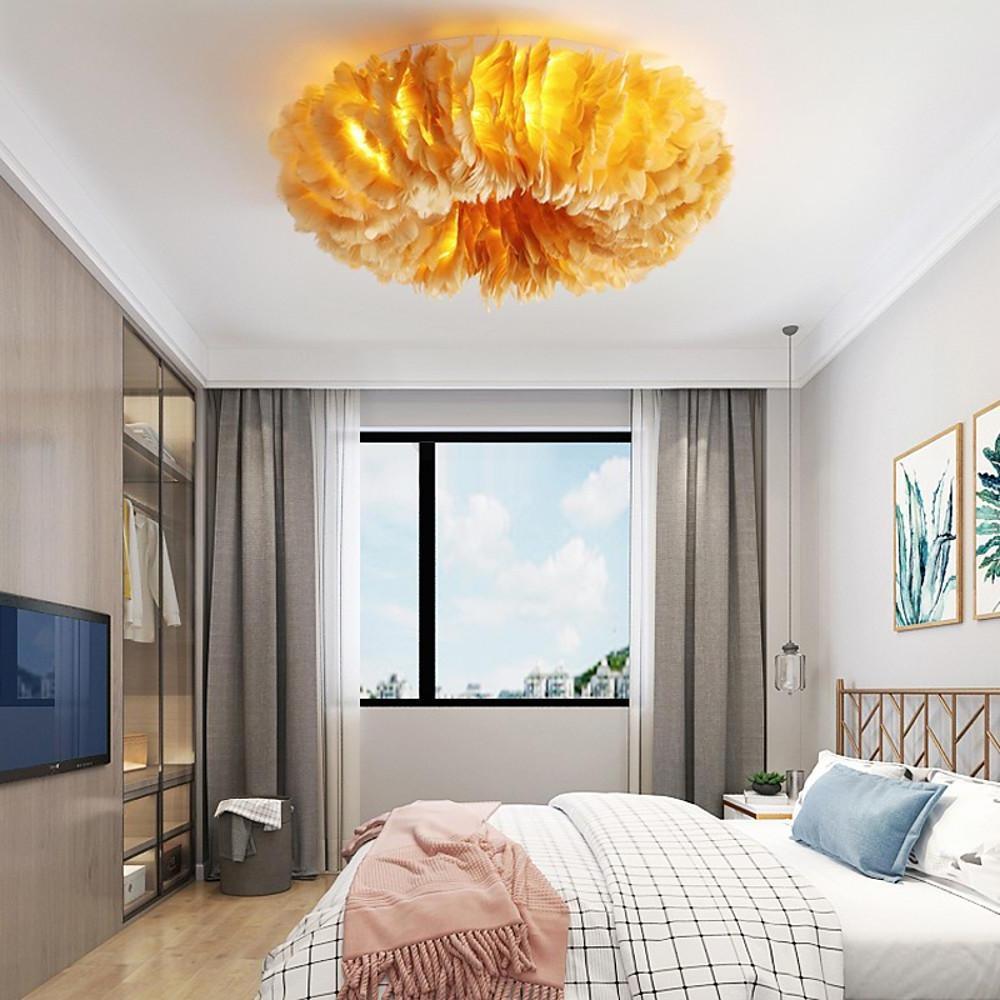 Round Feather Flush-Mount Chandelier — Metal, E27 LED, 3-Step Dimming, 6-Light or 8-Light, 20"–28"