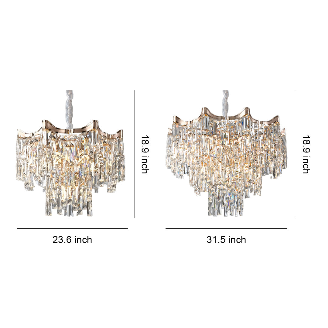 Tiered Waterfall Crystal Chandelier — Gold, K9 Crystal, Three-Color Dimming, 23.6" or 31.5"