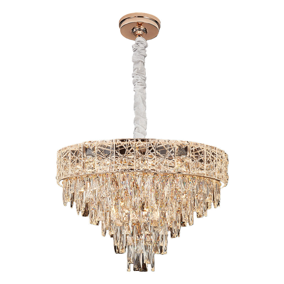Luxury Crystal Chandelier — Champagne Gold Steel, Tri-Color Dimmable LED + E14, 4 Sizes (21.7"–37.4"), Adjustable Rope