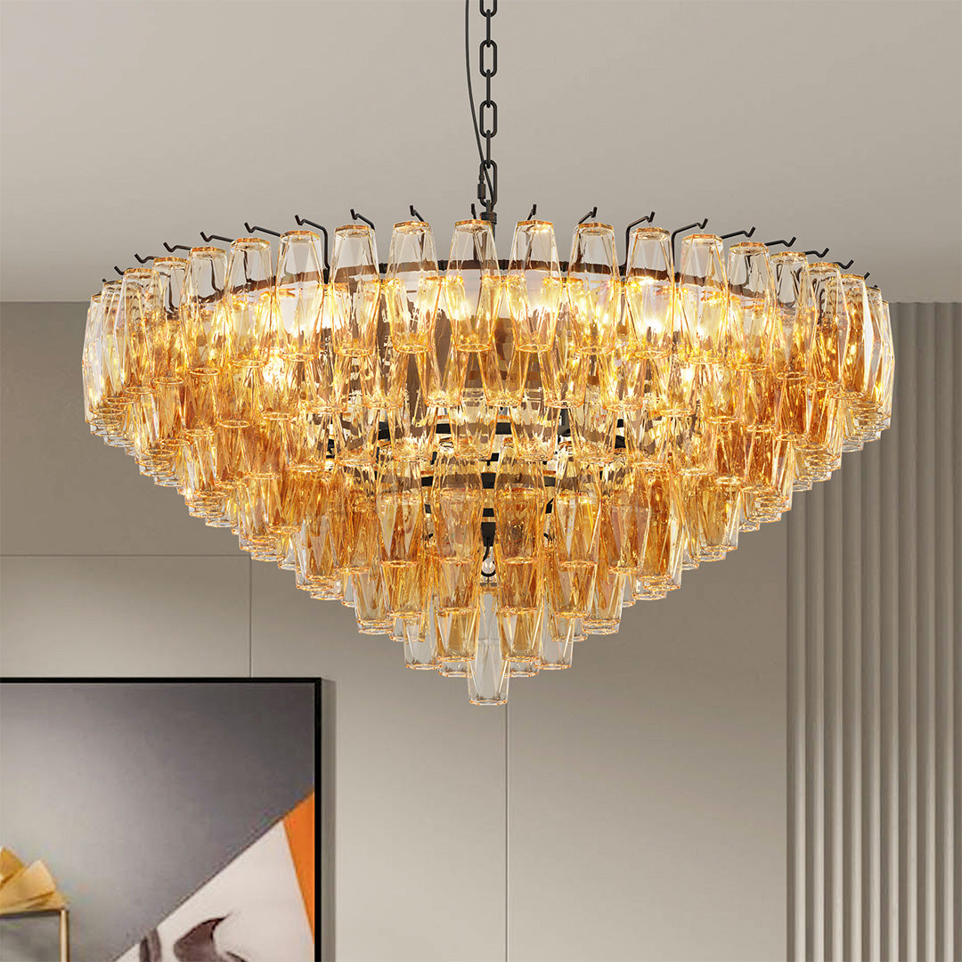 Multi-Head Glass Pendant Chandelier — Iron Frame, Transparent Glass Shades, 8-Light or 10-Light, Black or Copper, E12