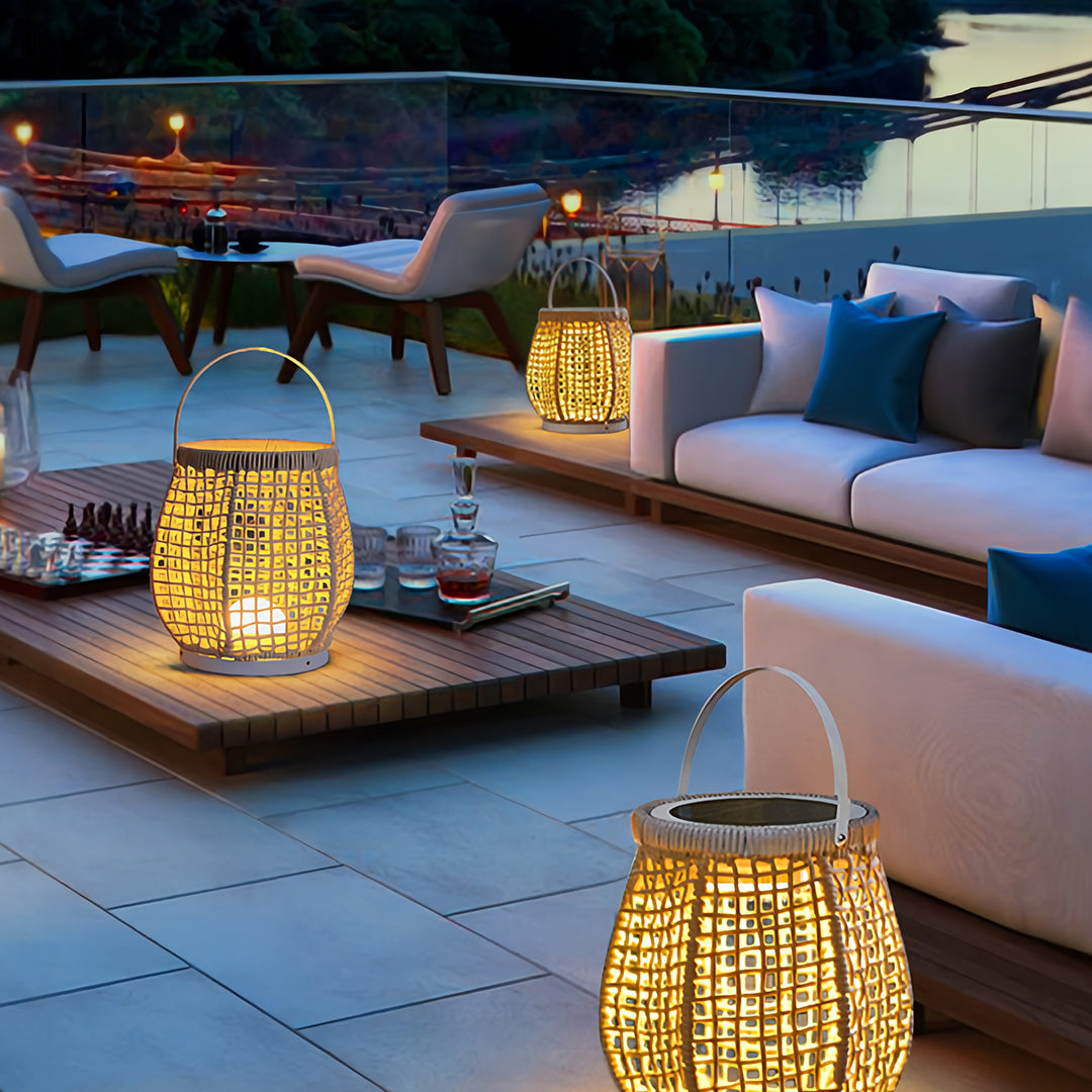 Woven Outdoor Lantern with Handle — Metal & Rattan, Portable, 10W Plug-in / USB Rechargeable / Solar, 4000mAh, IP-Rated