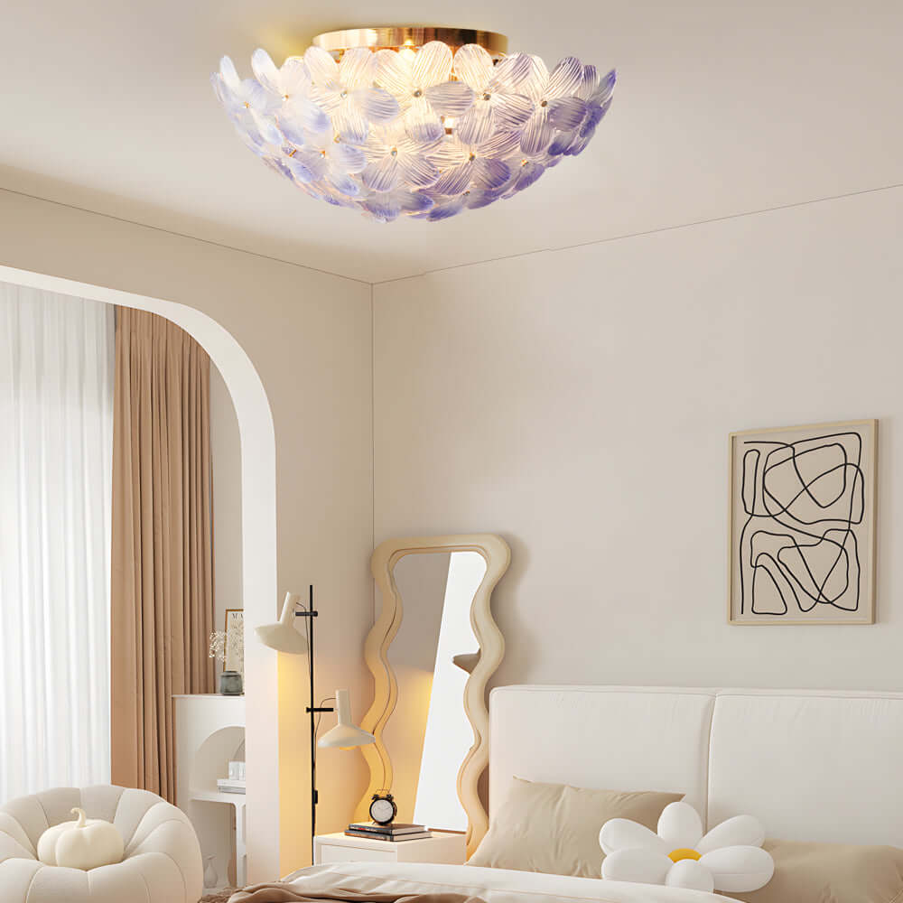 French Petal Glass Semi Flush-Mount — Iron Body, E14, 6-Light or 9-Light, Pink / Blue / Mint Green