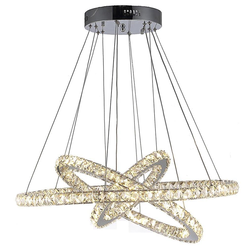 Interwoven Geometric Ring Crystal Chandelier — Chrome, Dimmable LED, 3000K/6000K, Remote Control, 28"