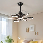 French Vintage Black Iron Ceiling Fan with Three Blades and Multiple Lights Luxe