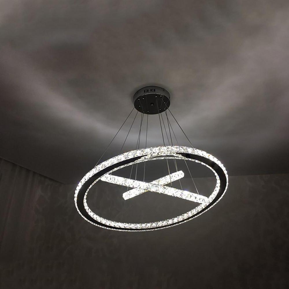 Interwoven Geometric Ring Crystal Chandelier — Chrome, Dimmable LED, 3000K/6000K, Remote Control, 28"