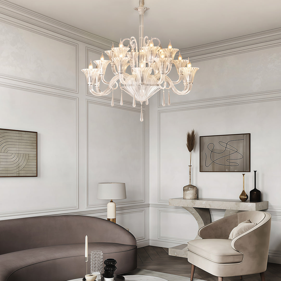 French Art Glass Chandelier — Clear Glass & Metal, 3-Step Dimming, E14, 12-Light or 18-Light