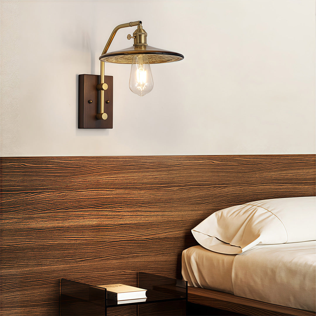 Retro Wave Glass Wall Sconce — Iron and Rubberwood, E27 LED, 3-Step Dimming (3000K/4500K/6000K), 3 Design Styles