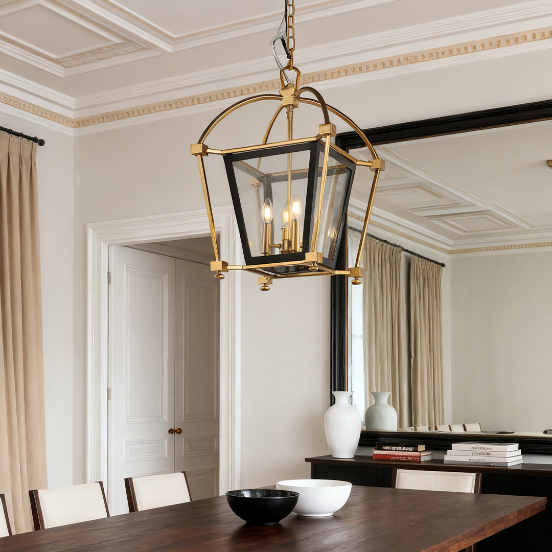 Industrial Gold Lantern Pendant — Black and Gold Iron, 4-Light E12, Adjustable Chain, Acrylic Shade