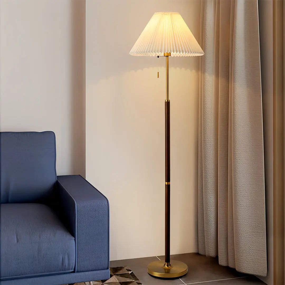 Standing Lamp with Pleated Fabric Shade and Wooden Base Luxe