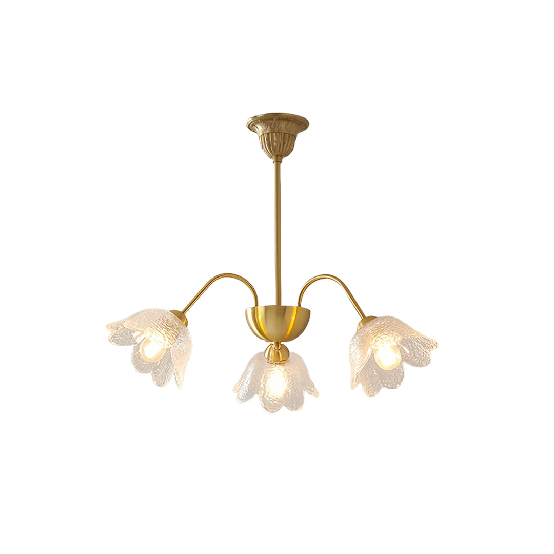French Flower-Shaped Glass Chandelier — Full Copper, Brass Finish, 3-Step Dimming, 3, 6, or 8-Light