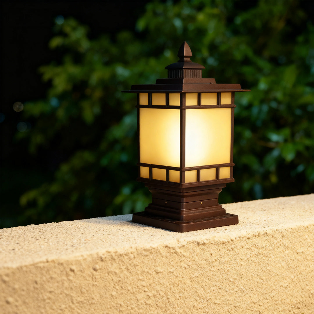 Vintage Outdoor Pillar Light — Coffee Aluminum and Glass, 9W LED E26, IP44, 14.4" Height